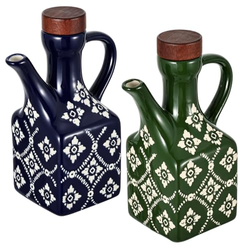2 Pack 8.5 oz Ceramic Olive Oil Dispenser Bottle Decorative Olive Oil Dispenser Bottle with Handle & Wooden Stopper Relief Opaque Ceramic Oil Cruet for Kitchen Cooking Oil Vinegar (Blue/Green)