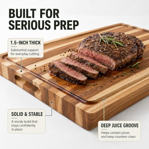 Edge Grain Teak Wood Cutting Board 18x14x1.25" With Deep Juice Groove & Side Handles (Teak Wood - Edge Grain / 18"L x 14"W)