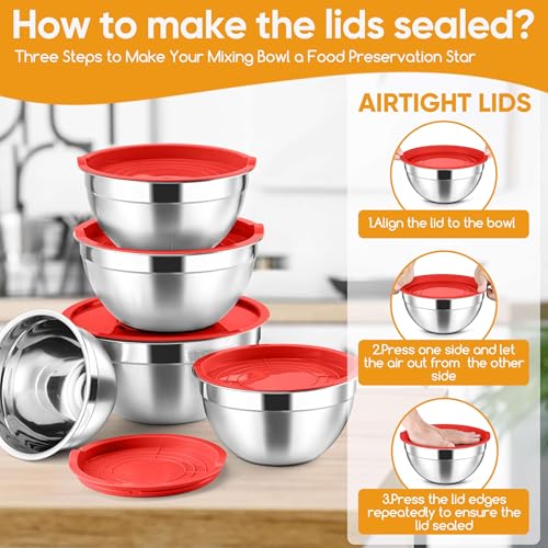5 Piece Mixing Bowls with Airtight Lids (Red / 4.6, 3.5, 2.5, 2, 1.5QT)
