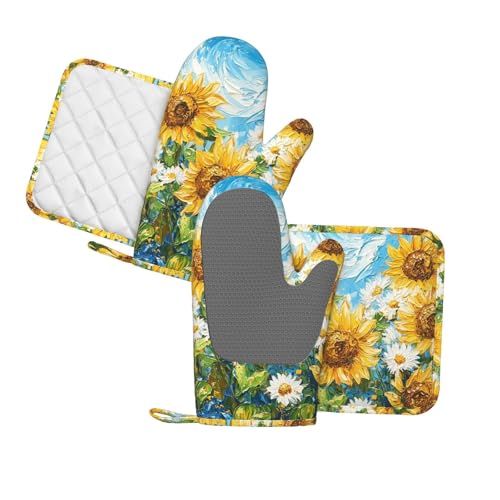 Oven Mitts and Pot Holders Sunflower Daisy Flower Art Silicone Kitchen Accessories Set of 4 Heat Resistant Long Gloves Potholder Non (A0664212)