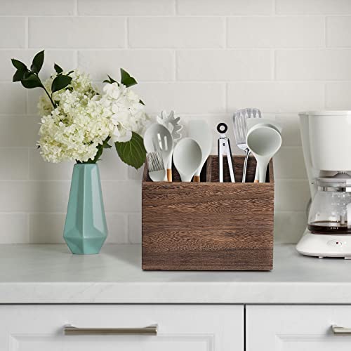 Rustic Wooden Utensil Caddy With 2 Compartments