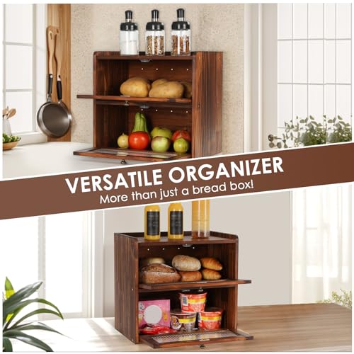 Bread Box for Kitchen Countertop Wooden Bread Storage Container Bin 2 Layer Breadbox Holder Large Capacity Keeper Vintage Farmhouse Food Organizer Pantry Shelf Acrylic Window