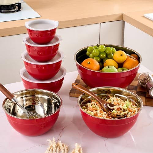 Red Mixing Bowls with Airtight Lids (Red / 7 Pieces)