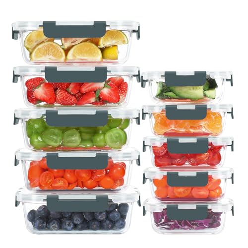10 Pack Glass Food Storage Containers with Lids (Gray / 10-Pack)