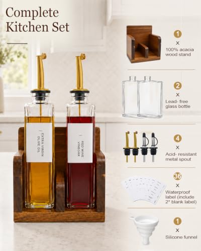 Glass Oil and Vinegar Dispenser Set with Acacia Wood Stand (Clear)