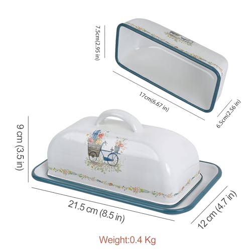 Enamel Butter Dish with Lid Vintage Enamelware Butter Keeper with Flower and Bee Patterns Farmhouse Butter holder Butter container for Kitchen Decor