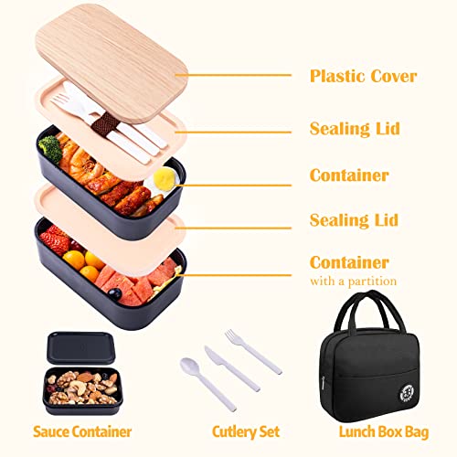 Japanese Bento Box with Bag Leakproof Lunch Box with Utensils Stackable Food Containers Includes Sauce Container 54OZ
