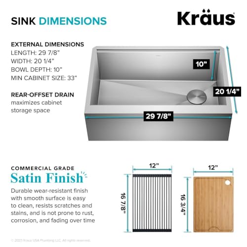Kore 30 Inch Farmhouse Workstation with In Sink Dish Drying Rack (30 Inch / Flat Farmhouse / Stainless Steel)