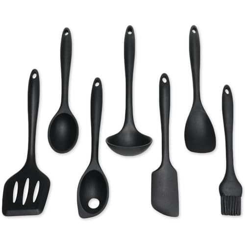 Premium Silicone Kitchen Tools and Utensils Set (7 Piece Set / Black)