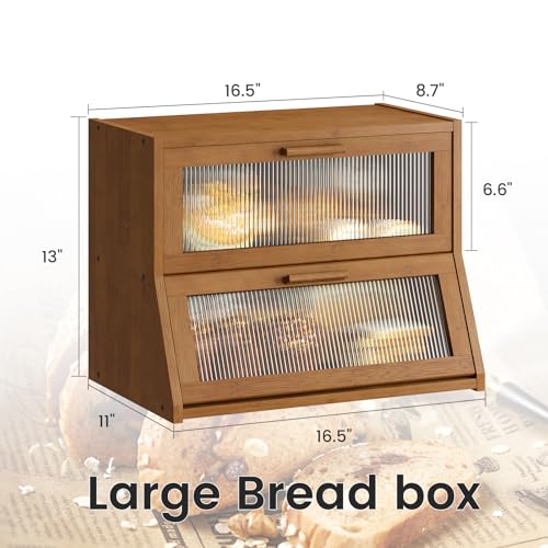 Double Layer Bamboo Bread Box for Kitchen Counter (Brown / Medium)