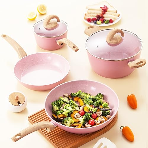Pots and Pans Set Nonstick Induction Kitchen Cookware Set Cooking Sets 6 Pcs with Frying Pan Granite Stone Bakelite Wood Handle