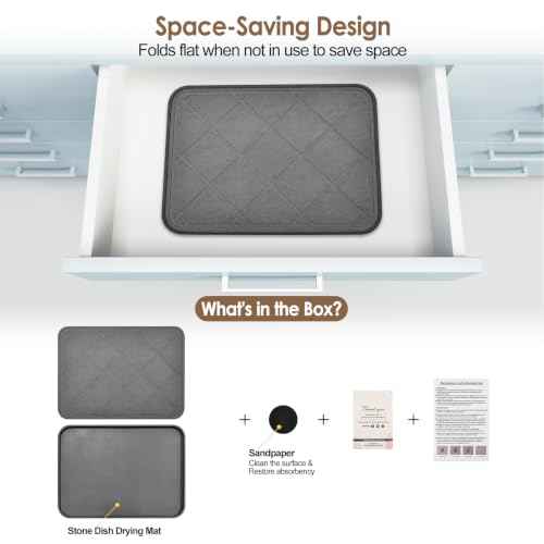 Stone Dish Drying Mat with Silicone Sleeve (Grey - Grid Pattern - 2 PCS / 15.7" x 11.8")