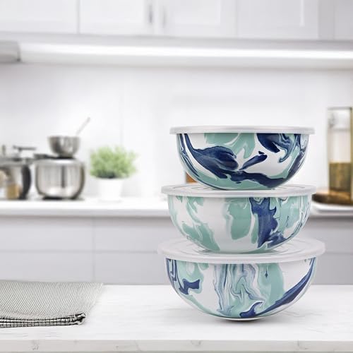 Enamelware Nested Mixing Bowls with Lids (Set of 3 - 3, 3.5 & 4.5 quarts / Lagoon)