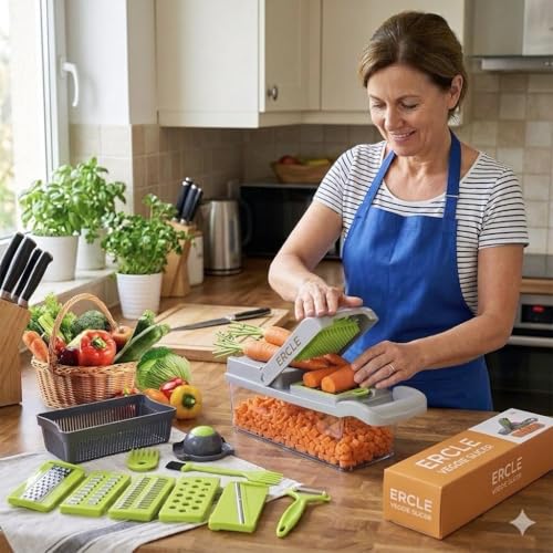 16-in-1 Vegetable Chopper, Vegetable Cutter & Slicer with Container, Multifunctional Manual Food Dicer, Shredder, Grater & Julienne Cutter for Kitchen