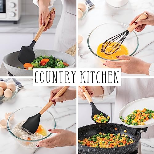 Non Stick Silicone Utensil Set with Rounded Wood Handles for Cooking and Baking (14 Piece Set / Black)