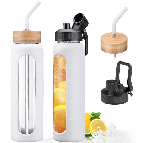 Glass Water Bottle with Straw and 2 Lids