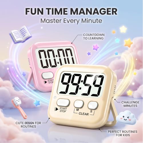 2 Pack Digital Timer for Kids Classroom Kitchen Timers for Cooking (2 * Lovely Pink + Light Peach)