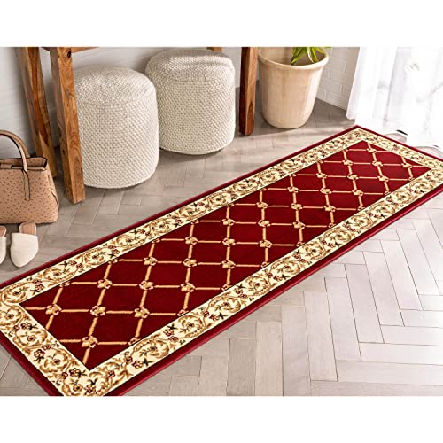 Patrician Trellis Red French European Formal Traditional Area Rug Easy to Clean Modern Contemporary Floral Thick Soft Plush Living Dining Room Rug
