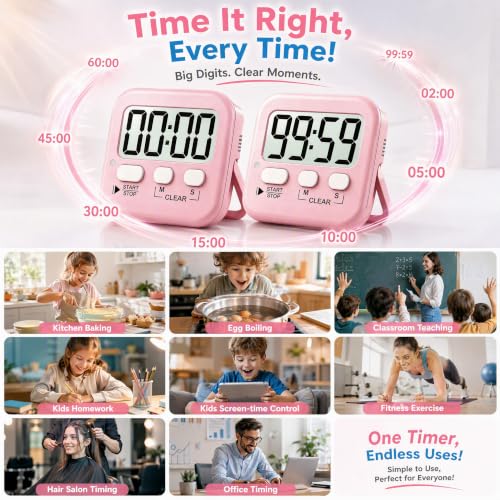 2 Pack Digital Timer for Kids Classroom Kitchen Timers for Cooking (1 * Relaxing Pink)