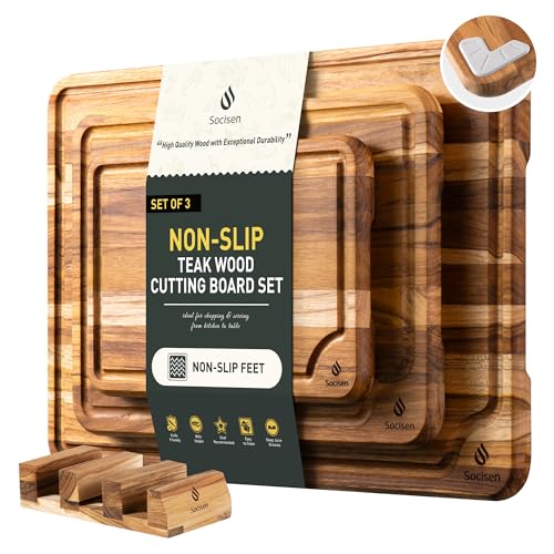 3 Pack Teak Cutting Boards for Kitchen Wood Wooden Cutting Boards Non Toxic (Multi-Size Set | 3 Pack with Holder)