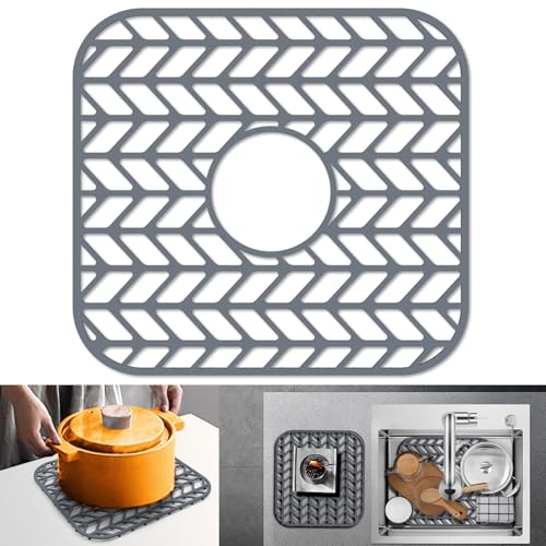 Sink Protectors for Kitchen Sink 12"x11"Silicone Kitchen Sink mat (12"x11" Center / Gray)