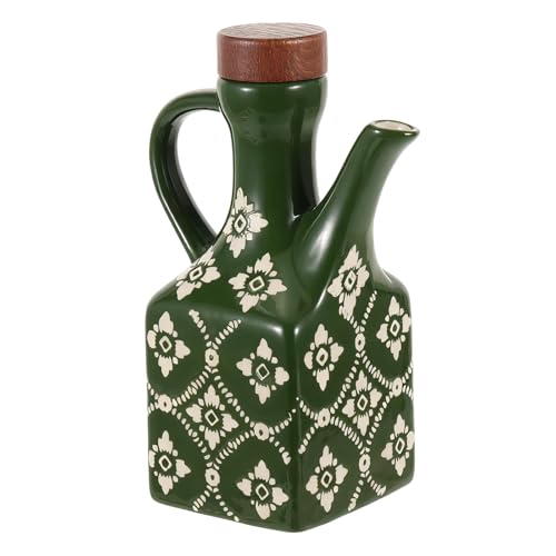 8.5 oz Ceramic Olive Oil Dispenser Bottle Decorative Olive Oil Dispenser Bottle with Handle & Wooden Stopper Relief Opaque Ceramic Oil Cruet for Kitchen Cooking Oil Vinegar (Green)