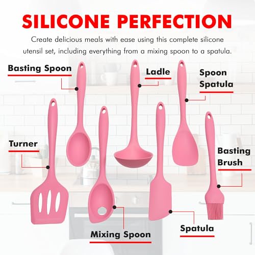 Premium Silicone Kitchen Tools and Utensils Set (7 Piece Set / Pink)