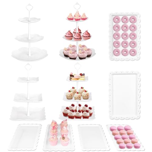 10 Pcs Cake Stand White Plastic Dessert Table Display Set 4 Pcs 3 Tired Cupcake Stand Cookie Tray Rack Serving Tray Cake Display Tower and 6 Pcs Dessert Trays for Wedding Baby Shower Tea Party