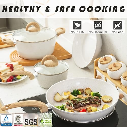 Pots and Pans Set Nonstick Induction Kitchen Cookware Set Cooking Sets 6 Pcs with Frying Pan Granite Stone Bakelite Wood Handle