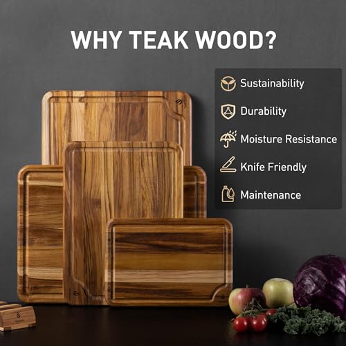 4 Pack Teak Cutting Boards for Kitchen Wood Wooden Cutting Board Non Toxic (Multi-Size Set | 4 Pack with Holder)