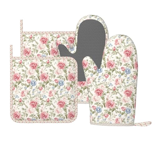 Oven Mitts and Pot Holders Flower Boho Rose Floral Silicone Kitchen Accessories Set of 4 Heat Resistant Long Gloves Potholder Non (A097)