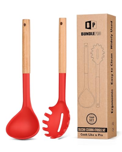 Silicone Soup Ladle and Pasta Spoon Set with Wooden Handle