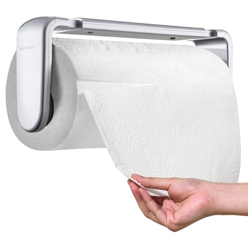 Paper Towel Holder Under Cabinet or Wall Mount ONE Hand Operation Tension Arm Kitchen Roll Holder