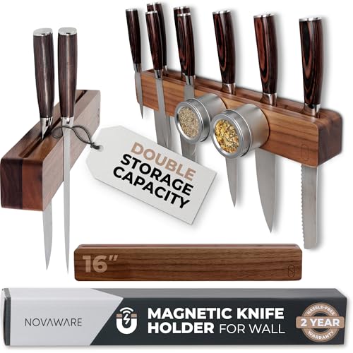 Walnut 16 inch Magnetic Knife Holder for Wall with 2x Storage & Charming Wood (Walnut Wood / 16" w/ Wall Mount)