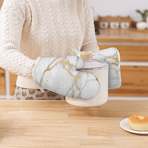 Oven Mitts and Pot Holders Marble White Gold Silicone Kitchen Accessories Set of 4 Heat Resistant Long Gloves Potholder Non (A06)