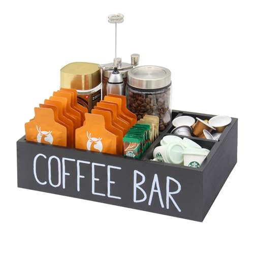 Coffee Station Organizer with Removable Dividers Disposable Coffee Cup Holder Wooden Countertop Organizer for Coffee Condiment Accessories Storage Farmhouse Coffee Bar Decor Black