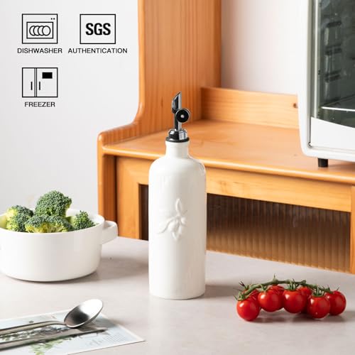 Sweejar Ceramic Olive Oil Dispenser Bottle for Kitchen Counter (White / 20 oz (Silver Spout))