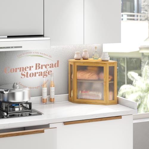 Corner Bread Box Kitchen Countertop Extra Large Capacity Farmhouse Bread Box (Natural / 11.8" x 11.8" x 13.8")