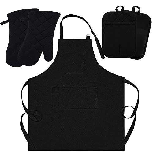 Oven Mitts and Pot Holders with Cooking Apron Set of 5 (Black)