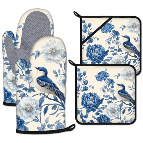 Oven Mitts and Pot Holders Sets Heat Resistant 4Pcs Potholders Oven Gloves Hot Pads for Kitchen Baking Cooking Grilling BBQ