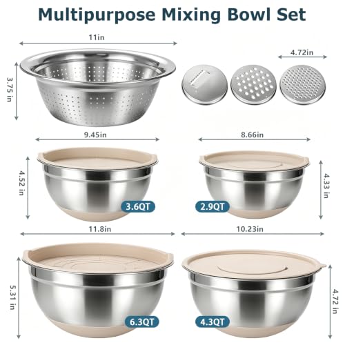 Stainless Steel Mixing Bowl Set with Lids (Khaki)