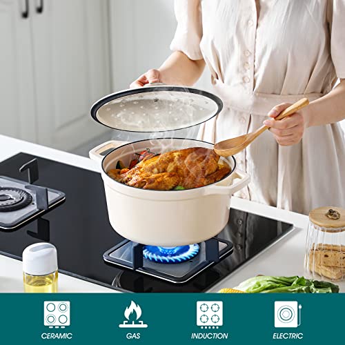 6 Qt Round Enameled Cast Iron Dutch Oven with Lid & Handles (6 Qt-round / Cream)