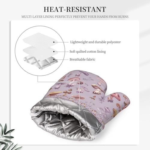 Oven Mitts Pot Holders Set Mushrooms Vintage Botanical Silicone Kitchen Gloves Potholders Heat Resistant for Chef Baking Cooking Grilling BBQ 4 Pack Mitt (B113)