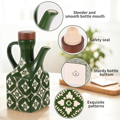 8.5 oz Ceramic Olive Oil Dispenser Bottle Decorative Olive Oil Dispenser Bottle with Handle & Wooden Stopper Relief Opaque Ceramic Oil Cruet for Kitchen Cooking Oil Vinegar (Green)