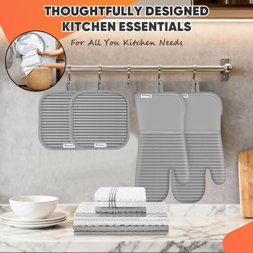 Oven Mitts Kitchen Towels and Dishcloths with Pot Holders Sets (Gray)