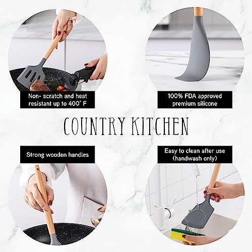 Non Stick Silicone Utensil Set with Rounded Wood Handles for Cooking and Baking (14 Piece Set / Gray)