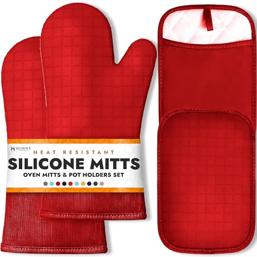 Silicone Oven Mitts and Pot Holders for Kitchen & Baking (Red / 4-Piece Oven Mitts & Pot Holders Set)