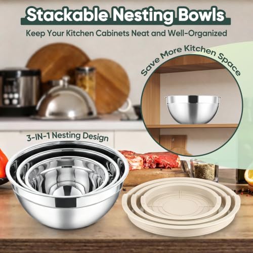 Stainless Steel Mixing Bowls with Lids Set of 3 (Khaki / 4.6, 3, 1.5QT)
