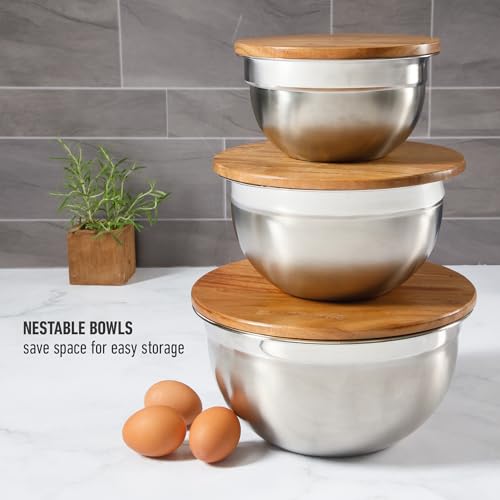 Orbit Mixing Bowl Set (Stainless w/ Acacia Wood Lids / 3-Piece Mixing Bowl Set)