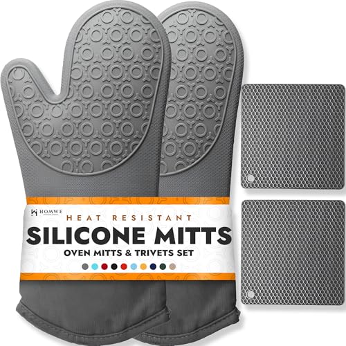 BPA Free Soft Silicone 4 Piece Oven Mitts & Trivets Set (Gray / 4-Piece Oven Mitts & Trivets Set)